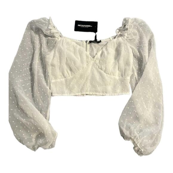 NWT PrettyLittleThing Petite White Dobby Mesh Chiffon Sweetheart Blouse- Sz 0 - Picture 4 of 4